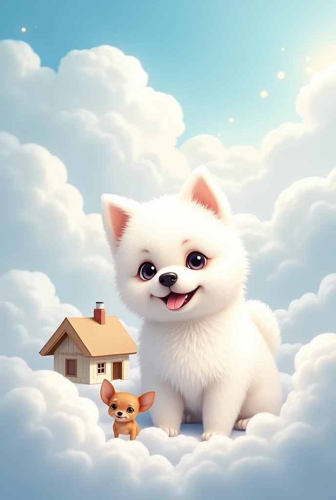 Create a dog with short, fluffy hair, four legs, white, beautiful eyes, and a small, cute body. (High quality),(Complexity 3:3),(Sharp color images),Sitting in the middle of white clouds, there is a small house and another dog, a small white Chihuahua with light brown ears, slightly white, is sitting and waiting in front of the house. (Arrange the composition to look like you are in heaven, with white light tones, bright and natural.),Professional illustrator, professional design