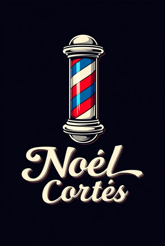 Faça uma logo de barbeiro com um símbolo 💈azul vermelho e branco escrita “Noel cortes” com o fundo preto e a fonte detalhada 