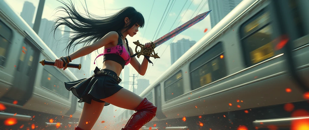 Pop punk style, low-angle shot, close-up, a pretty Asian girl long black hair bang ( lalisa style) as warrior wearing a black & pink top and short black skirt, leather red boots flying in the air, on the train roof, action pose, using a large holy crystalsword fighting to zombies army, epic body dynamics, a highly detailed masterpiece, gigantism, dramatic cinematic lighting, tons of flying debris around her, epic and dynamic composition, complex details, CarnageStyle, intensity