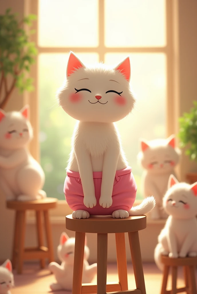 A beautiful white cat,standing on pubs, wearing pink shorts, playing with her children