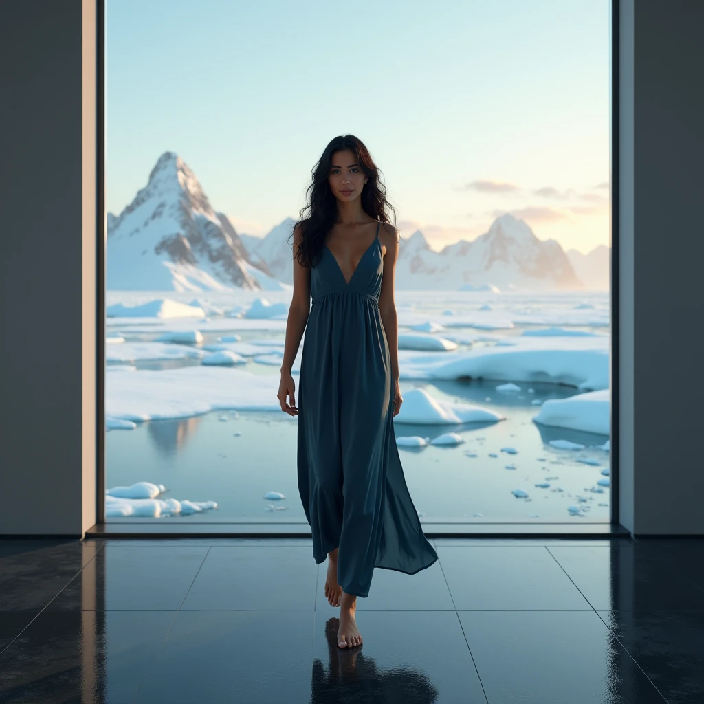 crée une image haute qualité 8k, photo réaliste, vue de très haut, presque à vol d'oiseau une femme de 30 ans nette, Sabrina Ouazani, typé oriental, peau légèrement bronzé, se tient debout face spectateur, donnant l'impression d'une silhouette. Au fond se trouve une immense baie vitrée. Elle se trouve dans une grande pièce moderne, où la vitre s'étend du sol au plafond, sol en béton ciré noir inondant l'espace d'une lumière douce et naturelle du matin, illuminer par les premiers rayon du soleil teinté d'orangé, de violet, de doré, Sabrina Ouazani est pieds nus, et l'un de ses pieds est légèrement avancé, comme si elle était en train de faire un pas en avant vers la camera, donnant l'impression d'un mouvement arrêté dans le temps. Ses bras sont détendus, dégageant une sensation de calme et de sérénité. Elle porte une nuisette demis longue décolleter en v, bleu foncer en soie, fluide, légère, faisant apparaitre ses seins séré, ses mains tienne les bretelles de la nuisette, se déplaçant subtilement avec le mouvement de ses pas. Sa chevelure, noir très ondulés, avec une mèche tombante un peu sur le visage, tombant autour de son coup, légèrement attaché, ses yeux sont d'un vert bouteille perçant, regard taquin, malicieux, L'extérieur visible à travers la vitre montre le paysage du pole sud enneiger, nette, vaste, donnant une impression d'espace infini. La scène suggère un moment de réflexion ou de transition, avec Sabrina Ouazani semblant se diriger lentement vers quelque chose au-delà de la vitre, ou simplement contempler ce qui se trouve devant elle