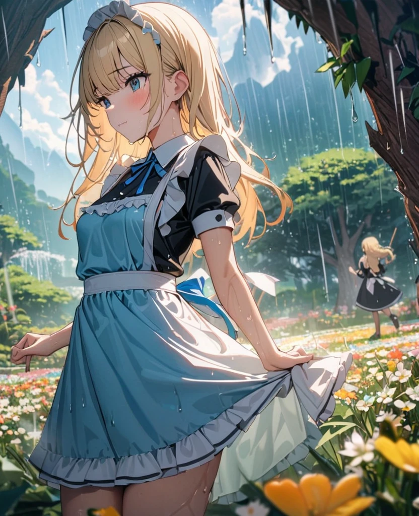 (8k, super high quality, masterpiece), (detailed), One Woman, Small breasts, blonde, cute, A little longer, Blue Ribbon, Apron dress, Maid clothes, Fantasy, Paradise, wood, Flower Field, rain, 天気rain, sunny, Wet, Date, splash,