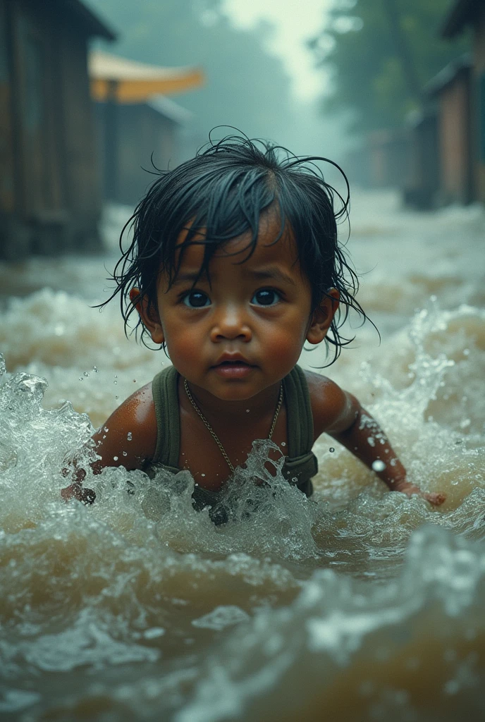 A small brown child in the floodwaters