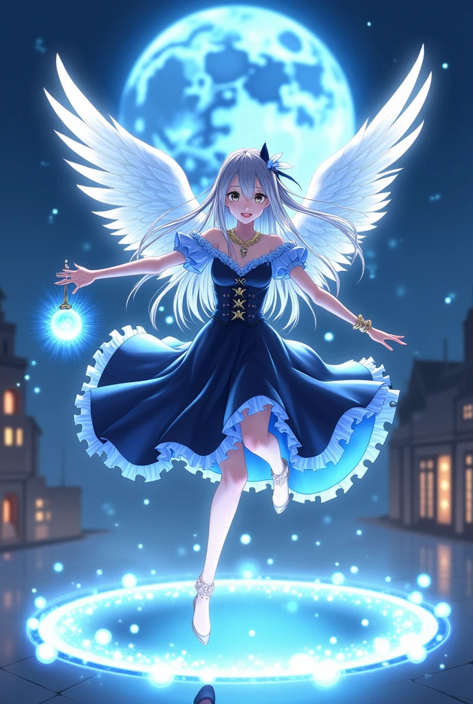 Russian、、Young、clear、Elegance、noble、Gray Hair、Silver Hair、Long Hair、Soft Hair、Blue Moon Night、city、noble、Light blue and black dress、Spreading Dresses、Anime Face、Big eyes、Bright Face、popular person、Magical girl、jump、The magic of light、magic circle、Large white wings growing from his back、Magic wand with a big blue ball、Paladin、Ribbon on head