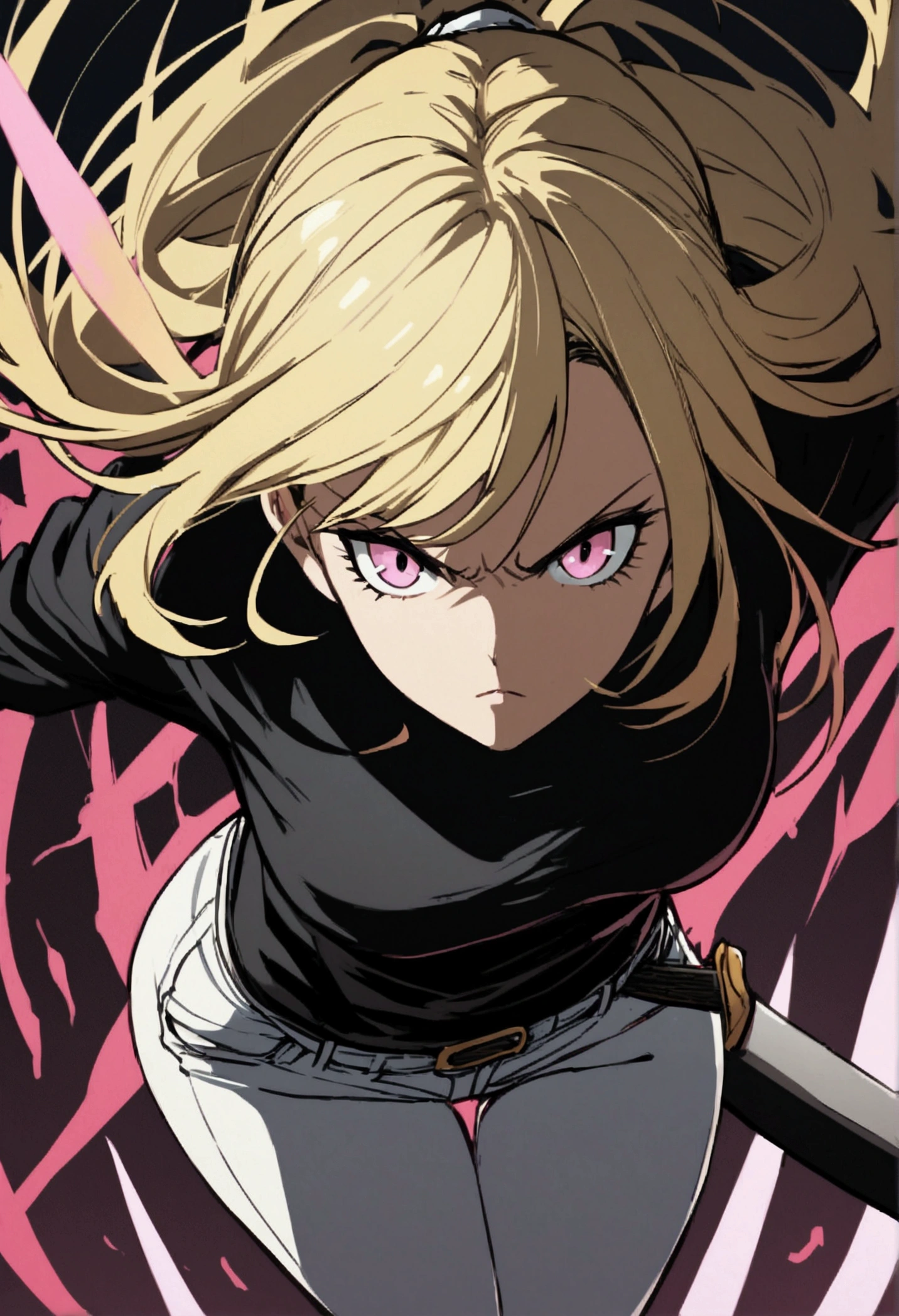 A girl, blonde hair, pink eyes, black clothes, white jeans, sword at her waist, serious look