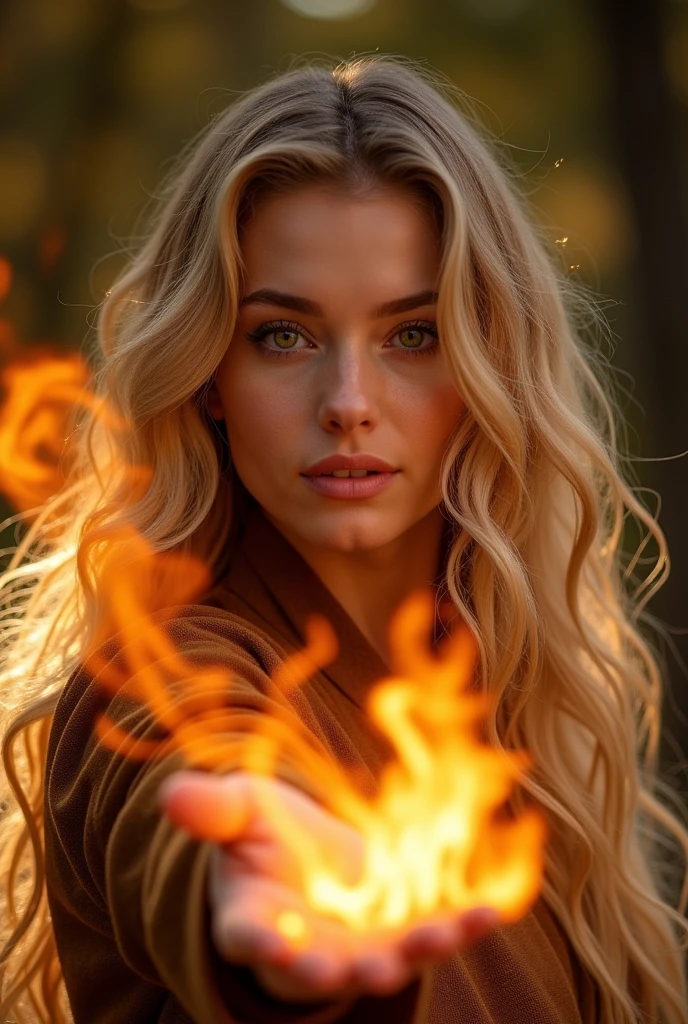 a beautiful woman,With stunning facial features, long golden blonde hair, and a confident expression, Cast powerful fire magic spells, detailed portrait, Practical, photoPractical, best quality, 4k, 8K, High resolution, masterpiece, Extremely detailed, Bright colors, Dramatic Lighting