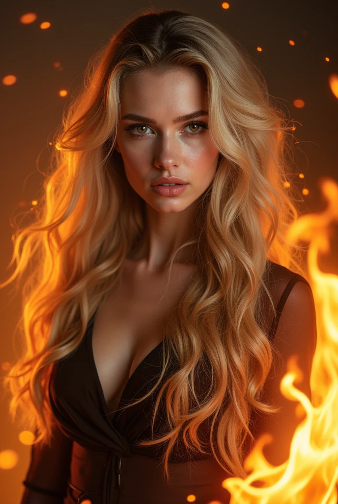 a beautiful woman，With stunning facial features, long golden blonde hair, and a confident expression, Cast powerful fire magic spells, detailed portrait, Practical, photoPractical, best quality, 4k, 8K, High resolution, masterpiece, Extremely detailed, Bright colors, Dramatic Lighting