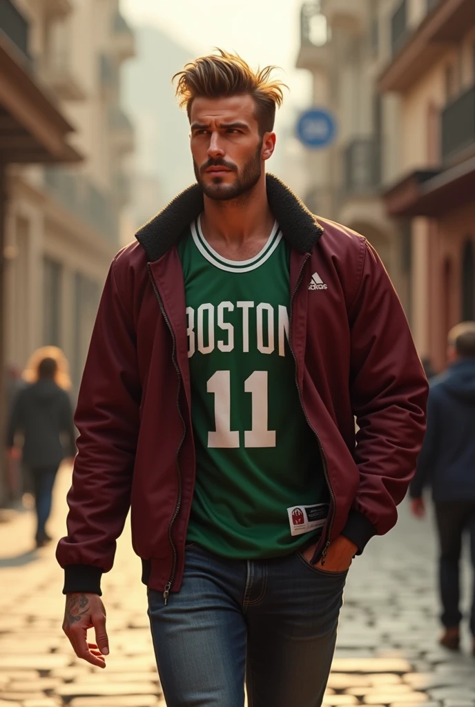 (photorealism:1.2), beautiful man, walking on the street, wearing dark red jacket, boston celtics jersey, hairstyle like David Beckham in 2016, smiling face, no tattoos, outdoors, soft lighting, street of Tbilisi background, sunlight weather, relaxed pose, realistic, intricate details, warm colors