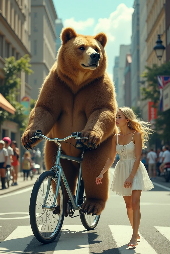 newspaper photography\(A realistic big bear is riding a bicycle, Beautiful and innocent blonde\Wearing a white dress) Feeling puberty, In a corner of the city, Color photography\)