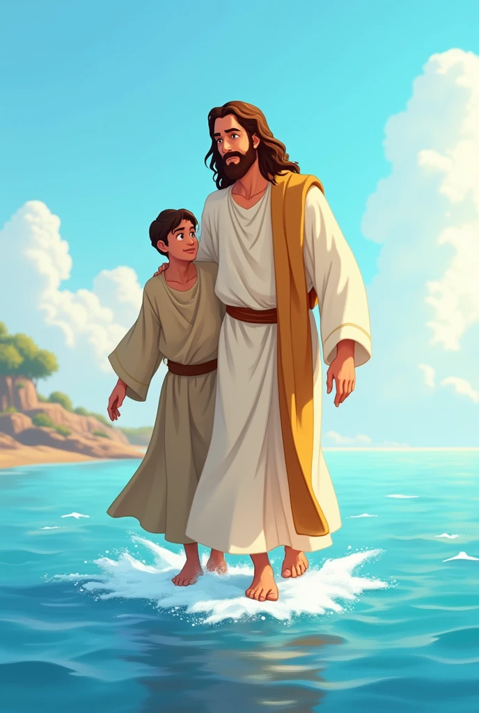 Create a Disney Cartoon Illustration of Jesus and Peter (adults) On the water
