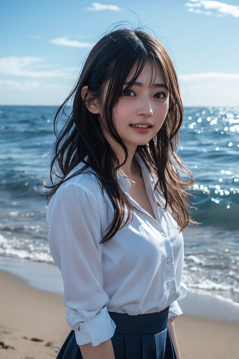 Realistic, Photogenic, With the sea in the background, Wearing uniform, Top button of the shirt is undone, Exposed breasts, the skirt is short,、Slightly above the thighs, Mid-length hair, Hair color is a blend of blonde and brown, Hair blowing in the wind, My hair is messy and disheveled, Severely sunburned skin, Medium build and slightly chubby, Skinny Chest, Bold, bright makeup, Small Mouth, Small Nose, Smooth jawline, Glossy face, Cheeks stained red, Open mouth and big smile, make out, Having a great time, , Detailed eyes, Oblique eyebrows, Detailed lips, Close-up photography, photoRealistic, Very detailed, 8k, Highest quality, masterpiece, Vibrant colors, Dramatic lighting, Structure of the film, Digital Art