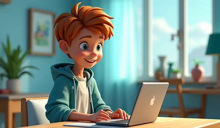 3D render child develops his game at the table with laptop, cozy atmosphere, child happy, cartoon style