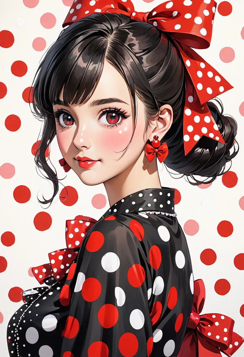 a drawing of a young woman with large red polka dots and big red bows, 1girl, solo, earrings, jewelry, black hair, polka dot, bow, looking at viewer, hair bun