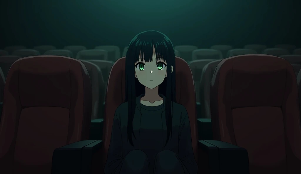 Anime 143 cm tall  girl with long black hair with straight bangs, sitting at a cinema with dim lighting, wearing black long pants and a black jacket, The point of view is from the front, heterochromia; the right eye is deep brown and the left eyes is green, above left eyes is a thread of bangs colored green, blank stare, looking up, alone. Dark. Wozwald