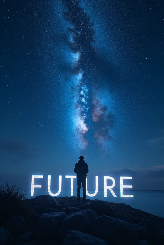 The words "FUTURE" written in large letters at the bottom of the screen, ((masterpiece, highest quality, Highest image quality, High resolution, photorealistic, Raw photo, 8K)), ((Extremely detailed CG unified 8k wallpaper)), In the night, a student, looking up at the stars, he gets a new idea about the origin of his future, view from below,