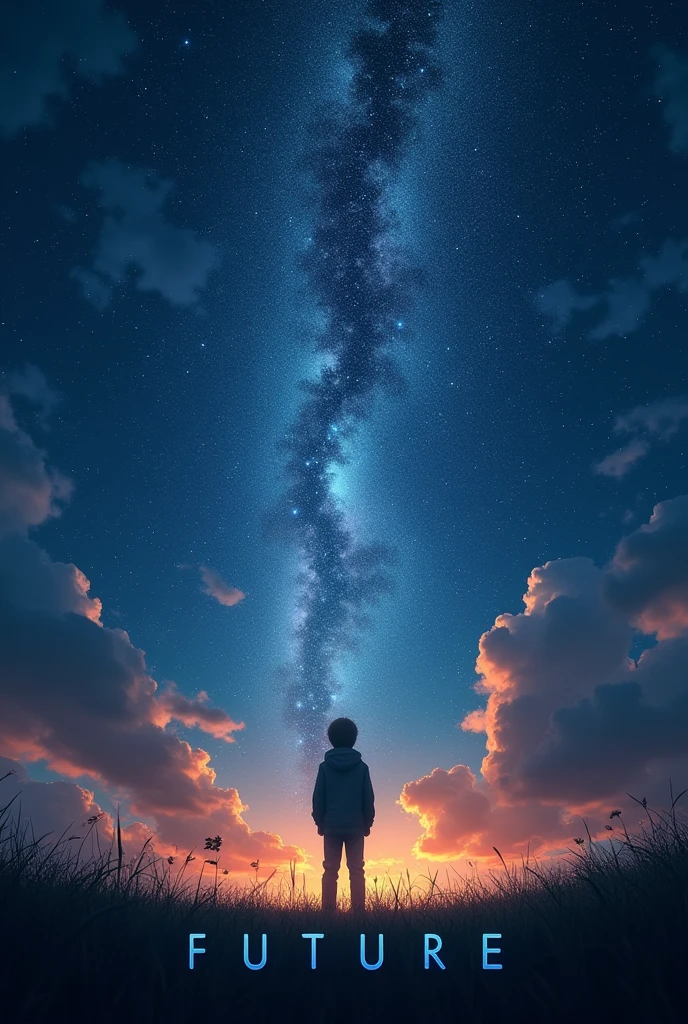 The words "FUTURE" written in large letters at the bottom of the screen, ((masterpiece, highest quality, Highest image quality, High resolution, photorealistic, Raw photo, 8K)), ((Extremely detailed CG unified 8k wallpaper)), In the night, a student, looking up at the stars, he gets a new idea about the origin of his future, view from below,