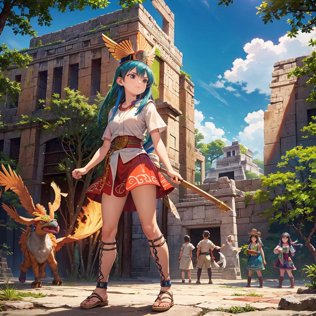 high quality、Very detailed、8age、Mayan Aztec8ageの1Priestess of the People、Flying Feathered Serpent(Quetzalcoatl Kukulkan)look up at the sky and pray、Chichen Itza Forest Temple of the Sun、mysterious、