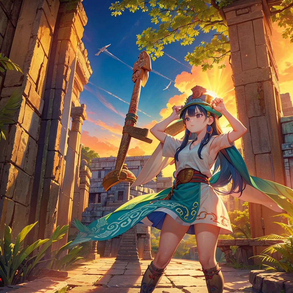 high quality、Very detailed、8age、Mayan Aztec8ageの1Priestess of the People、Flying Feathered Serpent(Quetzalcoatl Kukulkan)look up at the sky and pray、Chichen Itza Forest Temple of the Sun、mysterious、
