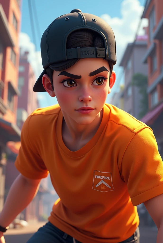 Free fire character orange shirt black cap turned backwards 