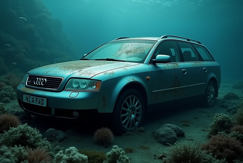 a gray 2004 audi a6 c5 station wagon,abandoned underwater,dramatic lighting,cinematic composition,dark and moody atmosphere,gloomy,submerged,rusting,deep ocean,marine life,aquatic plants,photorealistic,high quality,detailed,8k,8k,masterpiece