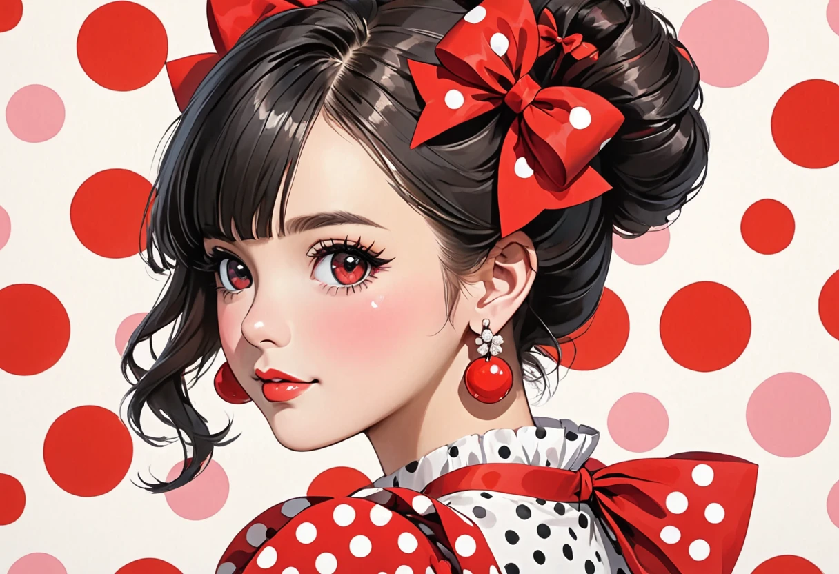 a drawing of a young woman with large red polka dots and big red bows, 1girl, solo, earrings, jewelry, black hair, polka dot, bow, looking at viewer, hair bun