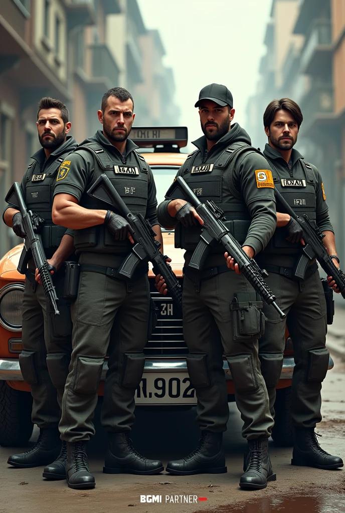 Generate a picture of 4 men and Each one are holding guns . They all wear vest and their name are tagged on their vest. The leader name is Toxic 01 and other three names are Toxic 03 , Toxic 00 , Toxic 08. They all are standing in front of a old blue dacia car . BGMI PARTNER are printed on car front bonate. This are are situated in infected area.