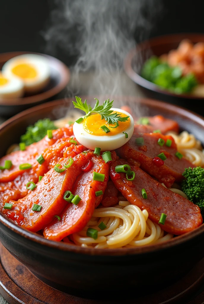 there is a bowl of food with meat, eggs, and vegetables, closeup at the food, korean supper, yummy, dish, very tasty, feast, in style of pan ren wei, yum, cooked, added detail, cuisine, 4 k post, 4k post, masterpiece work of art, by Adam Manyoki, in style of thawan duchanee