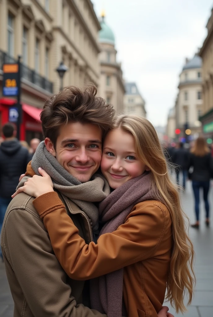 Blonde  , blue eyes very long hair hugging her father, brown hair and eyes and her mother blonde green eyes long hair taking a selfie on the streets of London 8k ultra realistic 
