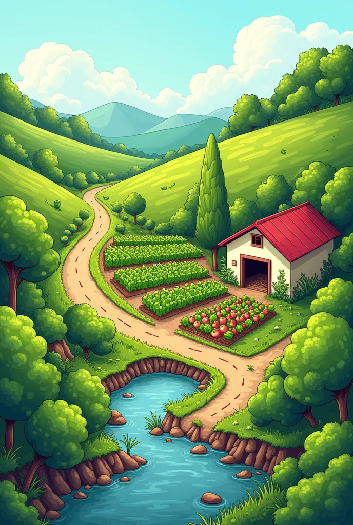 draw a super easy picture of the ideal farm site for vegetable production, include the slightly sloping topography of the land, nearness to road and transportation facilities and availability of water supply, the drawing is cartoon-like