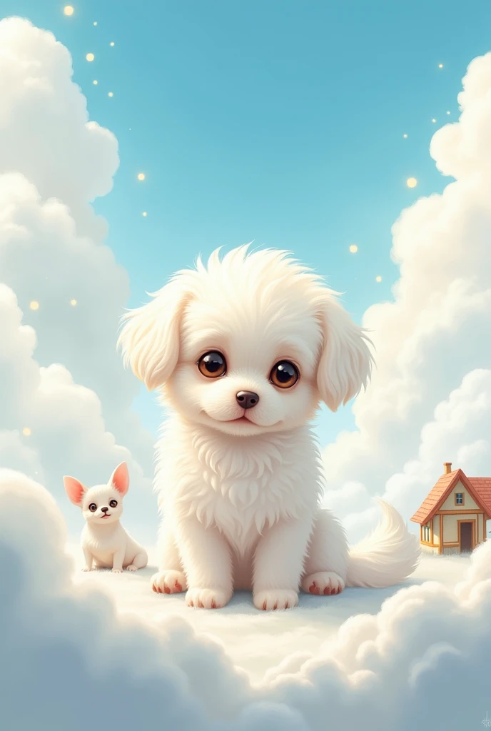 Create a dog with short, fluffy hair, four legs, white, beautiful eyes, small and cute body, floppy ears. (High quality),(Complexity 3:3),(Sharp color images),Sitting amidst white clouds, there is a small house and another dog, a small white Chihuahua, is sitting in front of the house waiting. (Arrange the composition to look like you are in heaven, with white light tones, bright and natural.),Professional illustrator, professional design