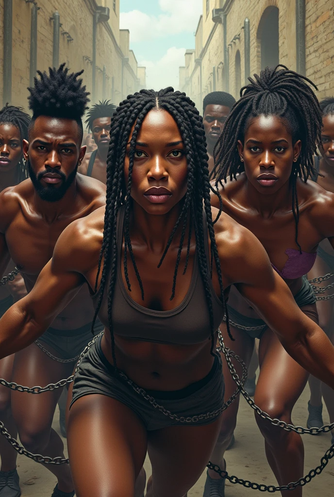Black women and men with braids and chains fighting for their freedom