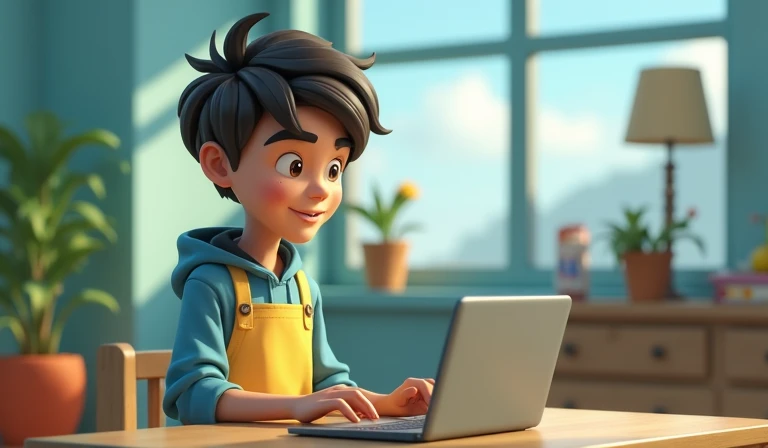 3D render teenager develops his game at the table with laptop, cozy atmosphere, child happy, cartoon style 
