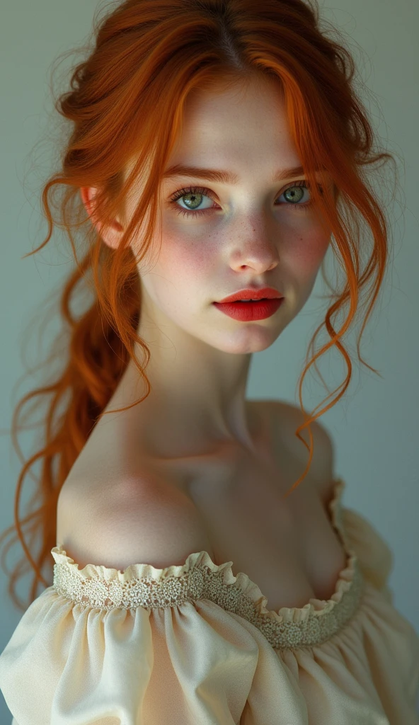 Top quality, (bright lighting: 0.7), masterpiece, big angle shot, RAW photo (pale 15-year-old Irishwoman, looking up at the viewer), cute, (undressed, disheveled, with bright red matted hair), (sitting), full-length portrait, perfect face, captivating eyes, bright details, pouting lips, (high skin detail), freckles, small breasts, (blue tint: 0.6), (dirty: 0.8), (bloody: 0.7), Key lighting, (backlight: 0.5), medium depth of field, Canon 5D, 50mm lens, f/4 aperture, (ultra-detailed, complex detail), sharp focus, soft colors, 8k, absurd, 8mm film grain, war photography,flirting with camera