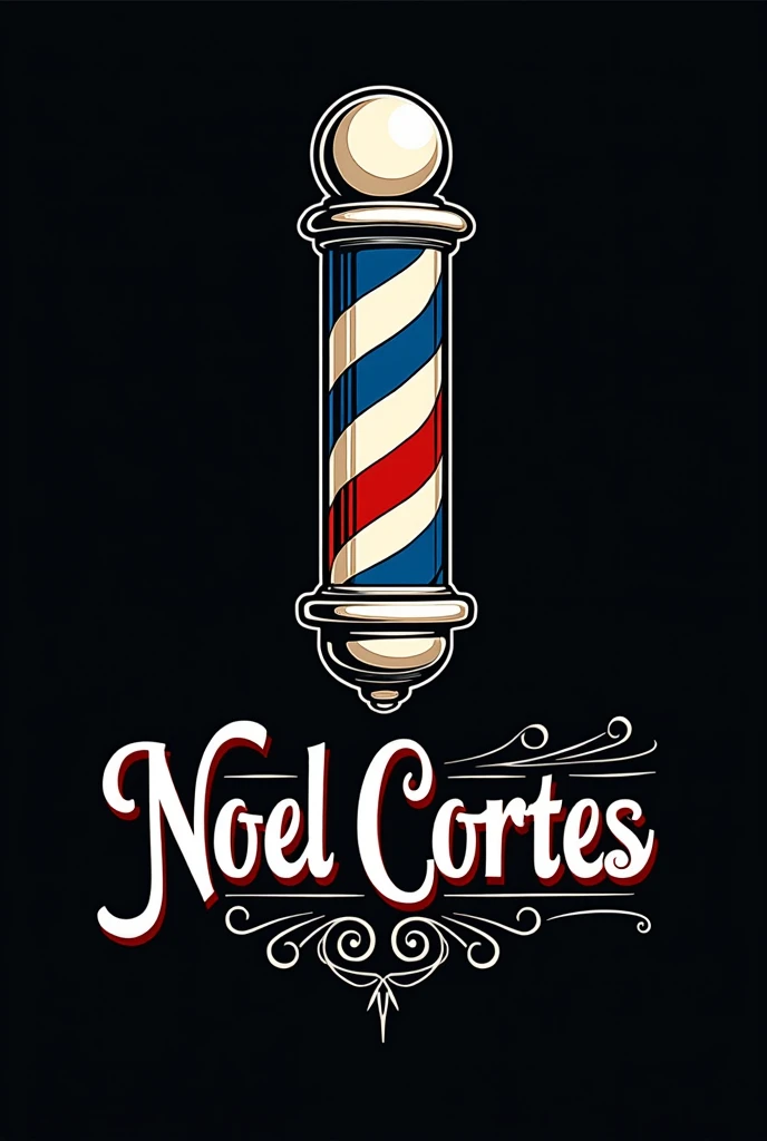 Faça uma logo de barbeiro com um símbolo 💈azul vermelho e branco escrita “Noel cortes” com o fundo preto e a fonte detalhada