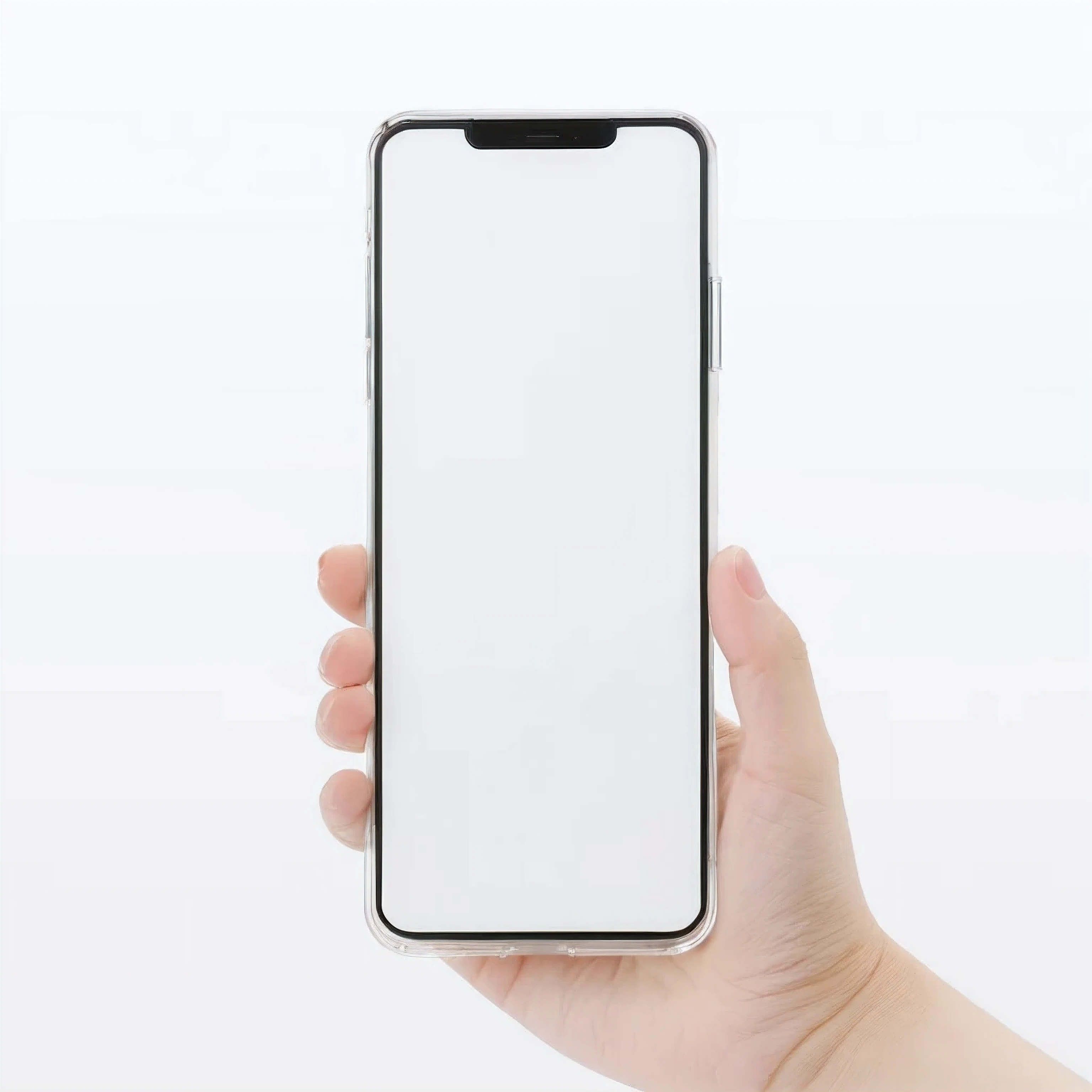 Commercial Photography, I have a cell phone in my left hand, MUJI、My phone screen is white、Background is white