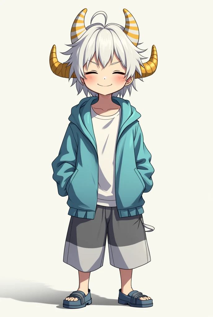 A white-skinned anime-type man with messy white hair and bangs, His expression is smiling, He has a sky blue jacket, He has grey pants that turn white, and has horns in her white and yellow hair.