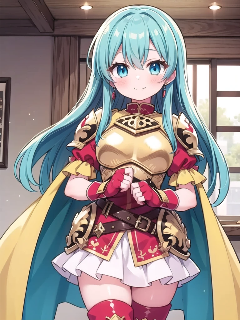 1girl, masterpiece, best quality, perfect hands, blush, smile, closed mouth, cowboy shot, def_eirika, blue hair, very long hair, long hair, red fingerless gloves, belt, armor, red thigh boots, shoulder armor, breastplate, yellow cape, zettai ryouiki, thighhighs, earrings, puffy short sleeves, red shirt, white skirt, miniskirt, blue eyes