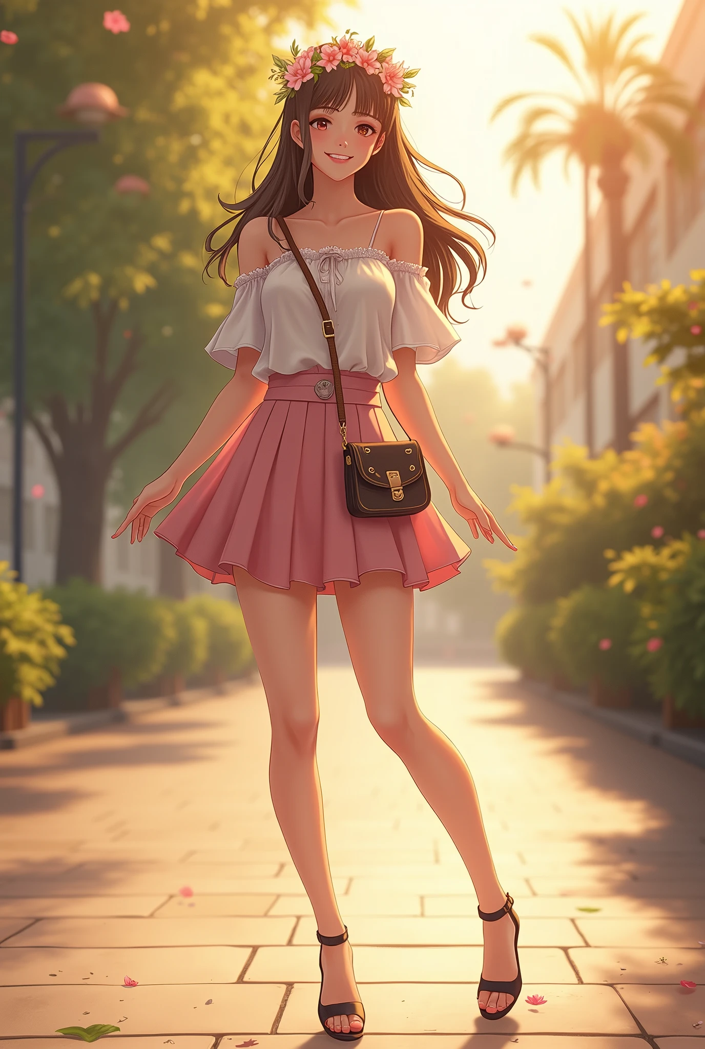 Ultra high quality，High heel，Off-shoulder，Long legs，Smile，Cheerful，Sunlight，Short skirt，full-body shot，Wear flowers on your head，charming，Beautiful girl，student，School Belle，cute