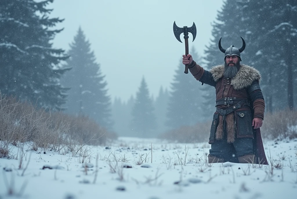 A helmeted viking holding an axe up celebrating alone with blood
