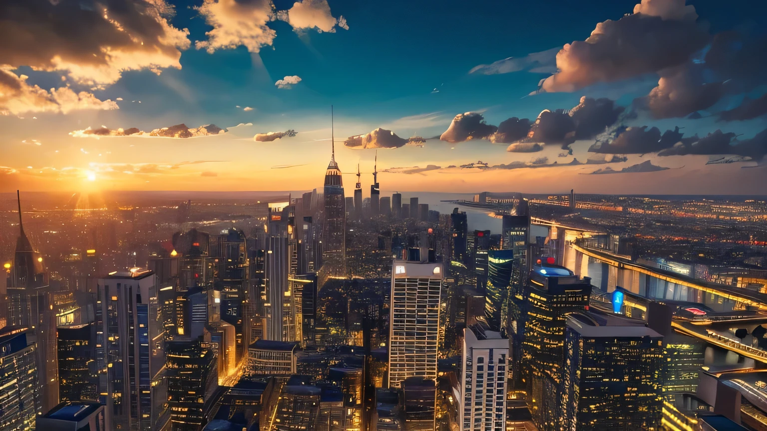 (masterpiece), Beautiful city at night,milk way, nice, nature,after the rain, Grass, Beautiful sky, Beautiful Clouds, 4K, Happy,Happyness, soft, wallpaper,skyscraper\, hope, Complex, BREAK the image transmit a hopeful feeling, Good vibes, Happy atmosphere, Beauty in the details, a visual masterpiece, Beautiful colors, 超High resolution, High resolution,Absurd, Professional image, Breathtaking,wonderful, Golden Light, It's a big city with buildings and bridges.,