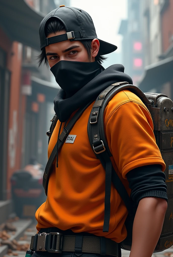 Free fire character orange shirt black cap turned backwards black mask 