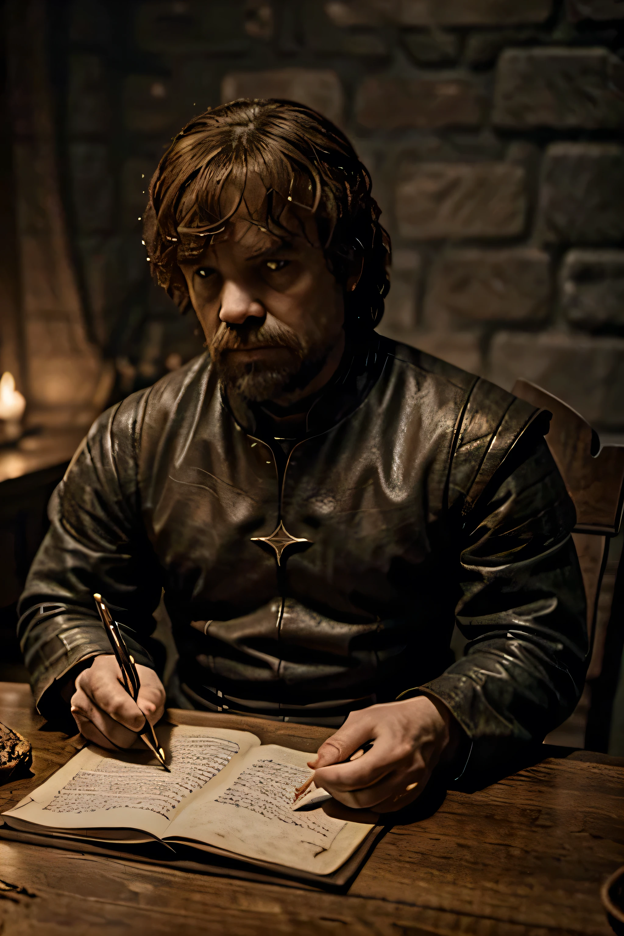 Game of Thrones, Tyrion Lannister, with a beard, sits at a table and writes a letter, looks down at the letter