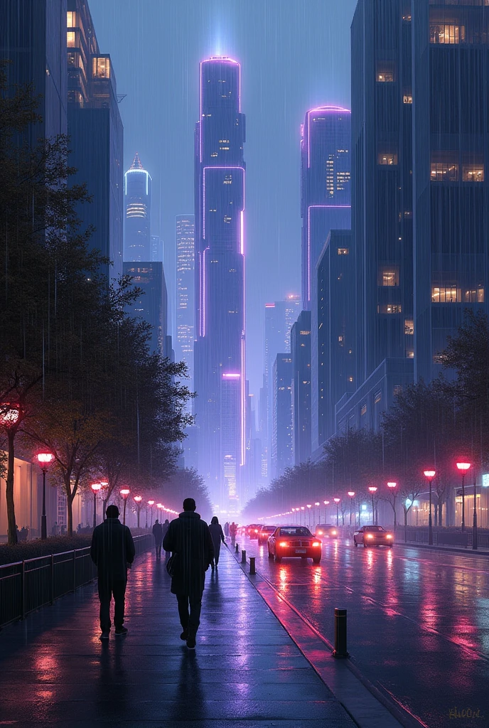 Oil painting of a futuristic street, tall buildings in a distance purple and blue lights, people walking on footpath, and cars on the street. Night time, raining, very realistic 