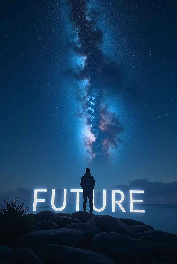 The words "FUTURE" written in large letters at the bottom of the screen, ((masterpiece, highest quality, Highest image quality, High resolution, photorealistic, Raw photo, 8K)), ((Extremely detailed CG unified 8k wallpaper)), In the night, a student, looking up at the stars, he gets a new idea about the origin of his future, view from below,
