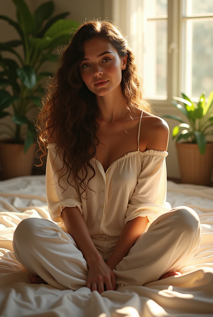 (photorealism:1.2), beautiful woman, sitting on bed, wearing loose off-shoulder top, pajama pants, long curly hair, indoors, soft lighting, plants in background, window with sunlight, cozy room, relaxed pose, realistic, intricate details, warm colors, by Greg Rutkowski, by Alphonse Mucha