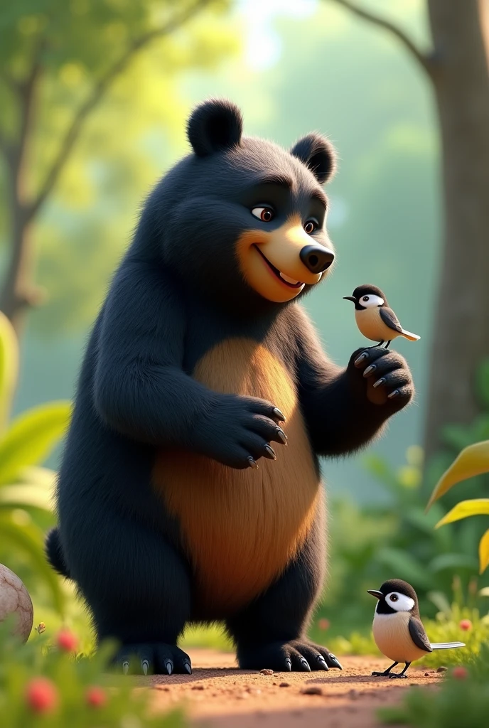 3D animation "**Center**: A large, friendly black bear standing on its hind legs, smiling and interacting with Chhirp."