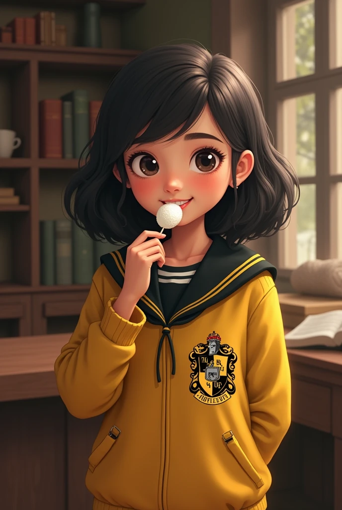 Create an image of a smiling girl in a Hufflepuff uniform eating a white candy