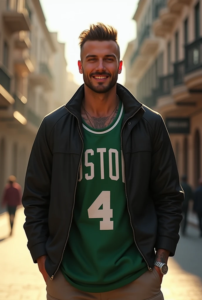 (photorealism:1.2), beautiful man, walking on the street, wearing black jacket, boston celtics jersey, hairstyle like David Beckham in 2014, smiling face, no tattoos, outdoors, soft lighting, street of Tbilisi background, sunlight weather, relaxed pose, realistic, intricate details, warm colors