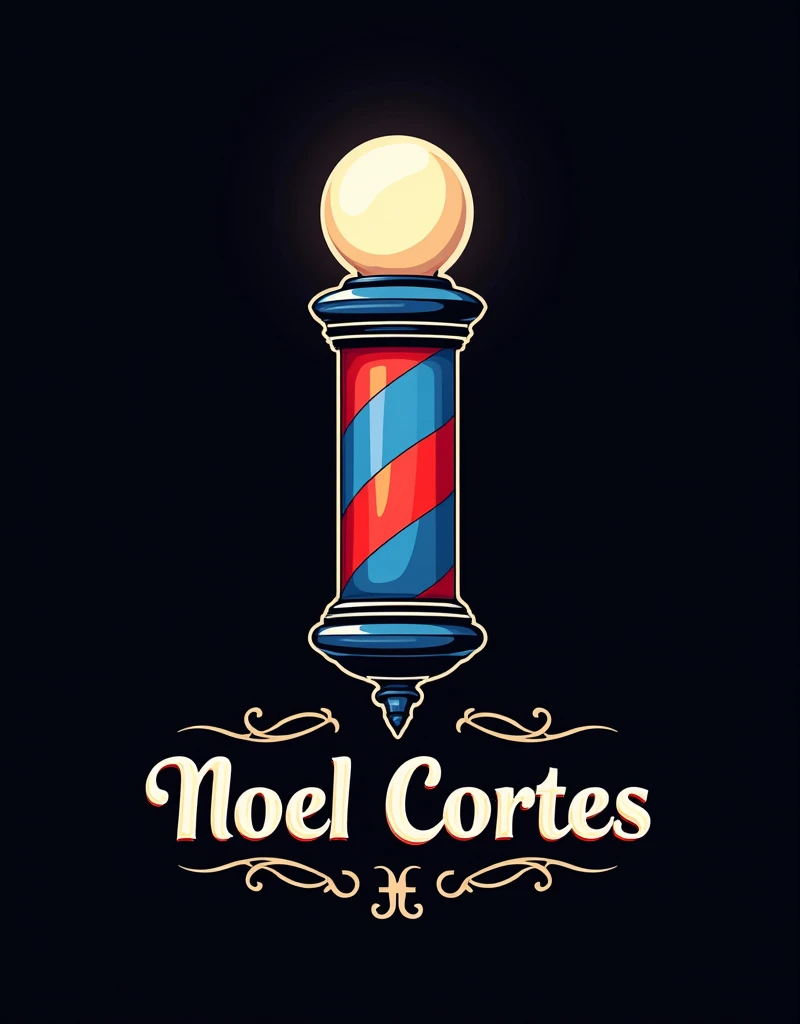 Faça uma logo de barbeiro com um símbolo 💈azul vermelho e branco escrita “Noel cortes” com o fundo preto e a fonte detalhada