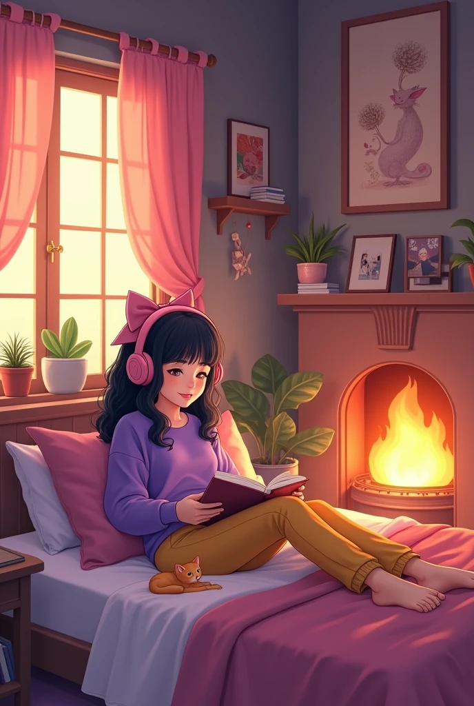 Create an image that depicts a warm, intimate scene with a style reminiscent of modern animation. In it, a young woman with dark hair with a pink bow that holds her hair, relaxes lying on her bed reading a book in her spring house in the rustic style countryside with beautiful traditional luxury curtains, spring season. She wears a sweatshirt, yellow pants and a sweatshirt. purple blouse, They are wearing headphones calmly with an orange cat lying on the bed next to them, conveying a feeling of comfort and peace. The room has a cozy and modern decor with a color palette dominated by shades of pink, purple and touches of red. There is a shelf full of books, indicating interest in reading or studying, as well as decorations such as plants, a luminous orb and a paper garland. The room is lit by the soft glow of a fireplace, and an open laptop on the floor suggests that the person was working or studying and has a purple and yellow school bag. The composition of the image is balanced and full of personal details such as photographs and objects that express the occupant's personality. The scene as a whole evokes a feeling of serenity and contentment, much like the idea of being at home on a cold day, the scene is seen from above. 8k photography style, 16:9